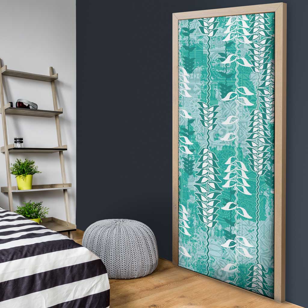 Teal Hawaii Tapa Pattern Door Cover With Heliconia Vintage Style