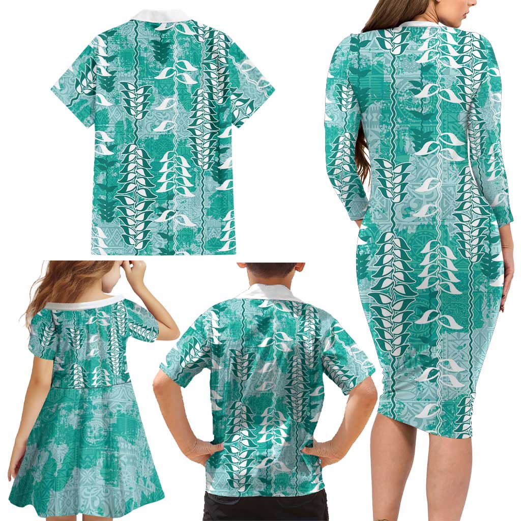 Teal Hawaii Tapa Pattern Family Matching Long Sleeve Bodycon Dress and Hawaiian Shirt With Heliconia Vintage Style LT05 - Polynesian Pride