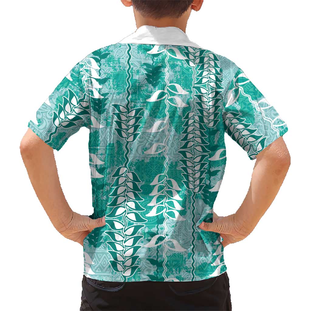 Teal Hawaii Tapa Pattern Family Matching Mermaid Dress and Hawaiian Shirt With Heliconia Vintage Style LT05 - Polynesian Pride