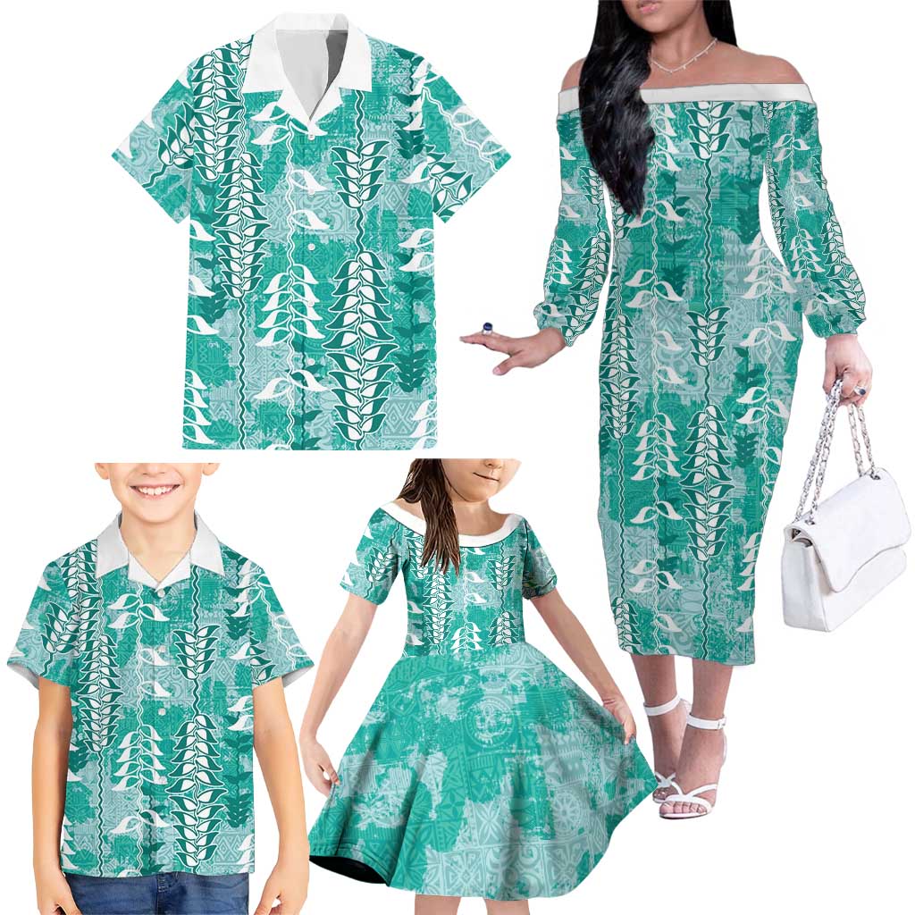 Teal Hawaii Tapa Pattern Family Matching Off The Shoulder Long Sleeve Dress and Hawaiian Shirt With Heliconia Vintage Style LT05 - Polynesian Pride