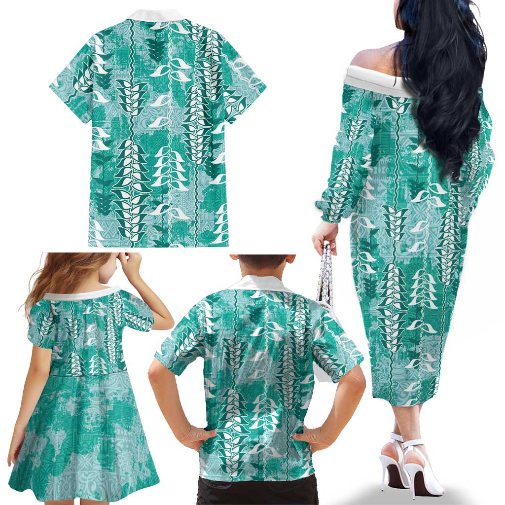 Teal Hawaii Tapa Pattern Family Matching Off The Shoulder Long Sleeve Dress and Hawaiian Shirt With Heliconia Vintage Style LT05 - Polynesian Pride