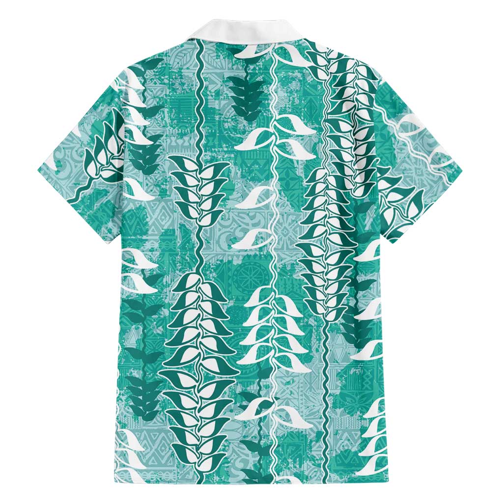 Teal Hawaii Tapa Pattern Family Matching Off The Shoulder Long Sleeve Dress and Hawaiian Shirt With Heliconia Vintage Style LT05 - Polynesian Pride