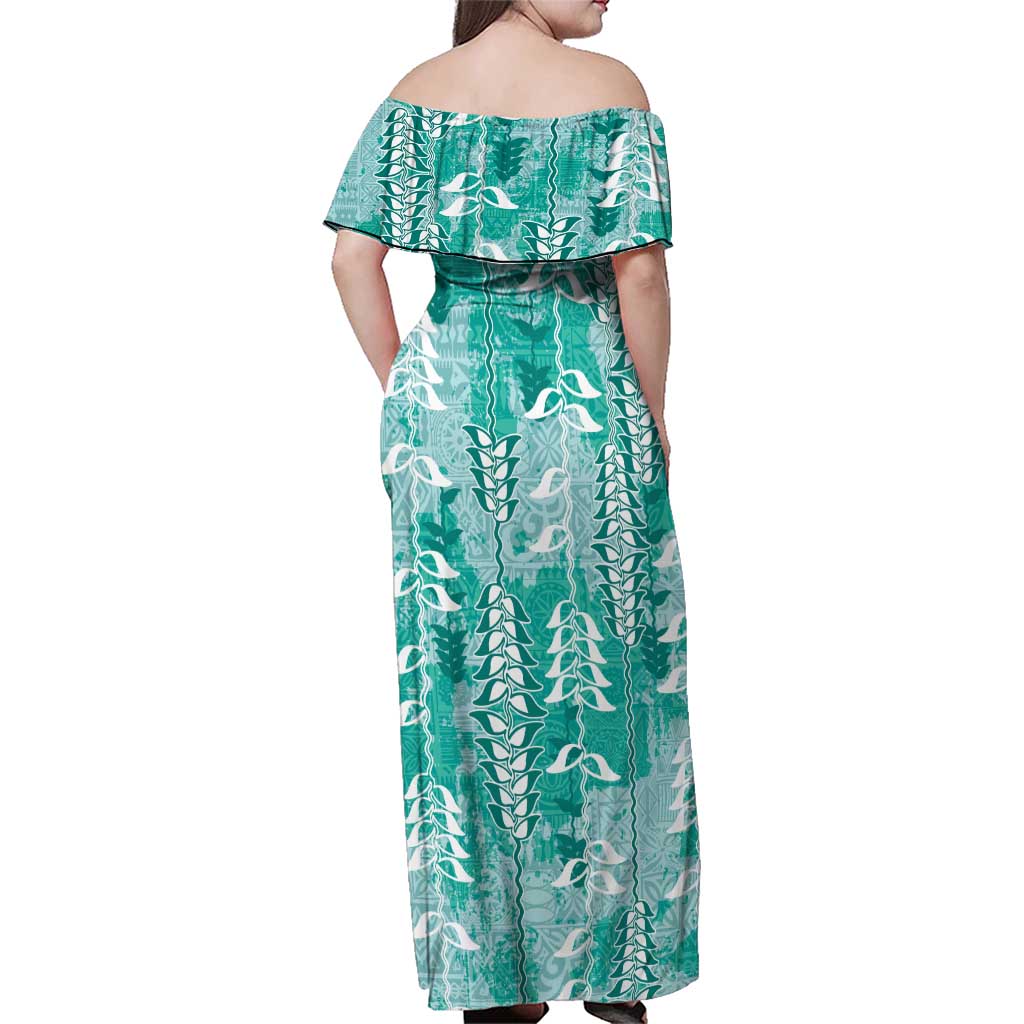 Teal Hawaii Tapa Pattern Family Matching Off Shoulder Maxi Dress and Hawaiian Shirt With Heliconia Vintage Style