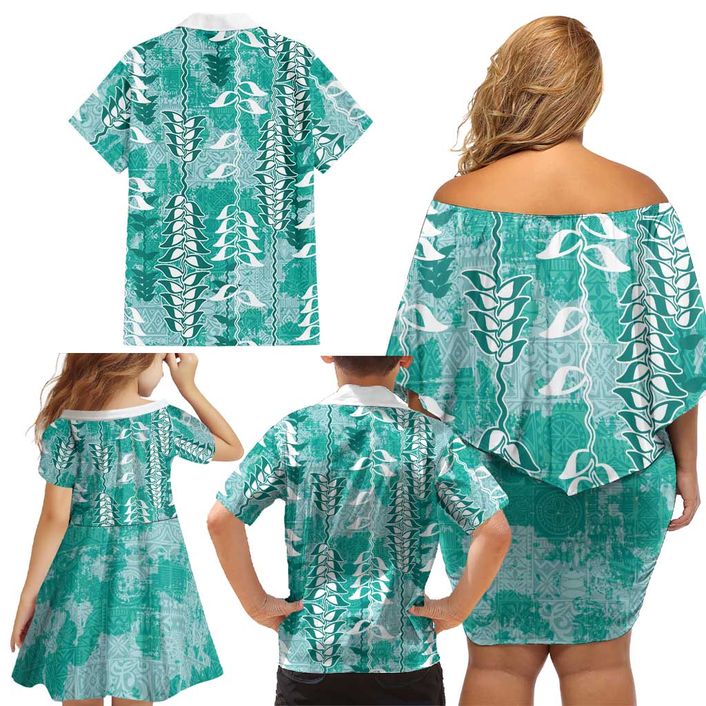 Teal Hawaii Tapa Pattern Family Matching Off Shoulder Short Dress and Hawaiian Shirt With Heliconia Vintage Style LT05 - Polynesian Pride