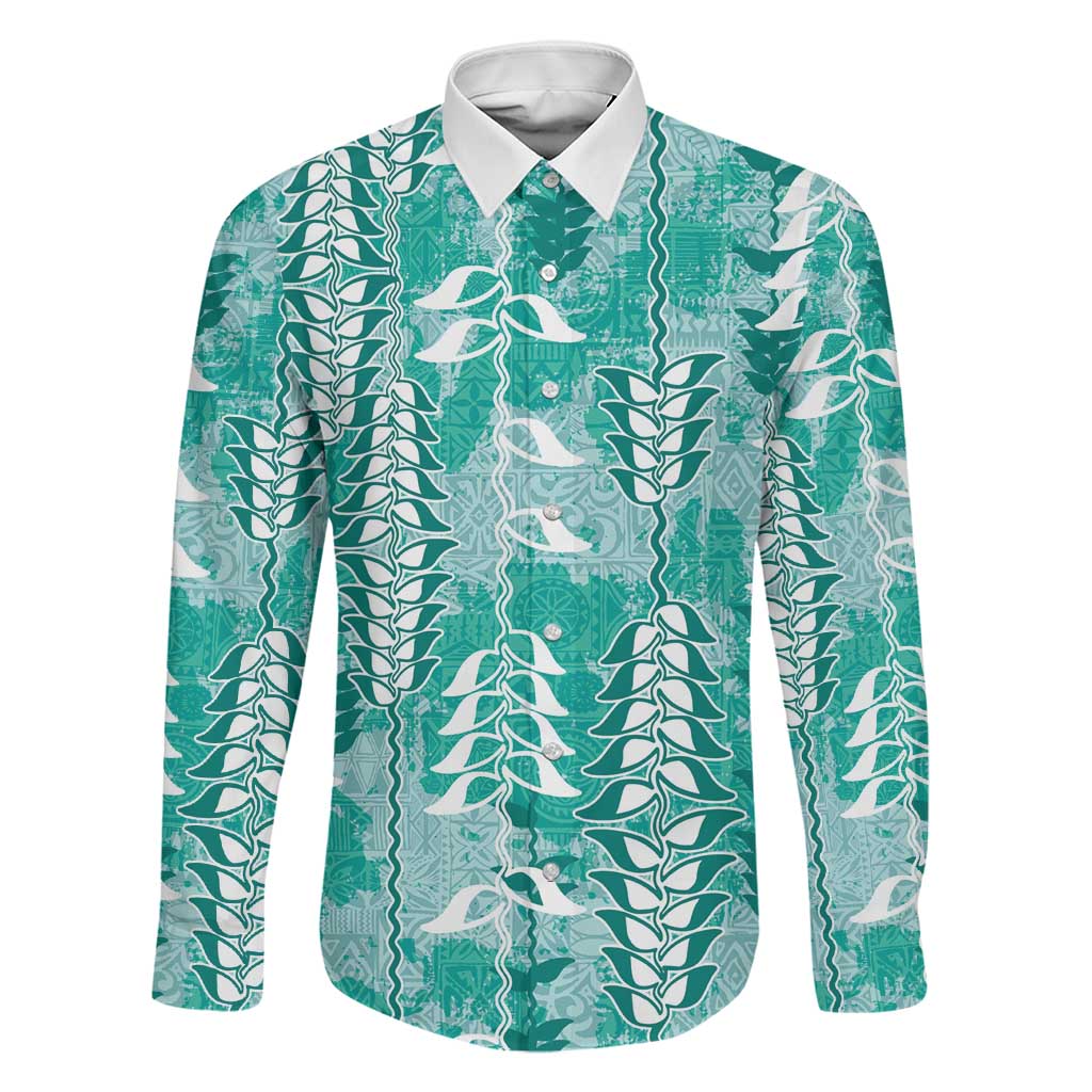 Teal Hawaii Tapa Pattern Family Matching Off Shoulder Short Dress and Hawaiian Shirt With Heliconia Vintage Style LT05 Dad's Shirt - Long Sleeve Teal - Polynesian Pride