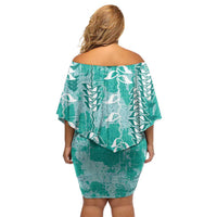 Teal Hawaii Tapa Pattern Family Matching Off Shoulder Short Dress and Hawaiian Shirt With Heliconia Vintage Style LT05 - Polynesian Pride
