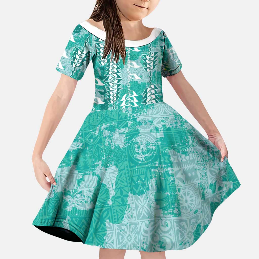 Teal Hawaii Tapa Pattern Family Matching Short Sleeve Bodycon Dress and Hawaiian Shirt With Heliconia Vintage Style LT05 Daughter's Dress Teal - Polynesian Pride
