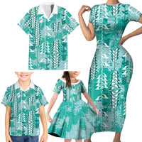 Teal Hawaii Tapa Pattern Family Matching Short Sleeve Bodycon Dress and Hawaiian Shirt With Heliconia Vintage Style LT05 - Polynesian Pride