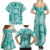 Teal Hawaii Tapa Pattern Family Matching Summer Maxi Dress and Hawaiian Shirt With Heliconia Vintage Style