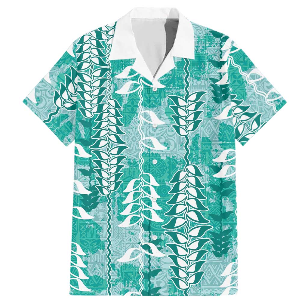 Teal Hawaii Tapa Pattern Family Matching Summer Maxi Dress and Hawaiian Shirt With Heliconia Vintage Style