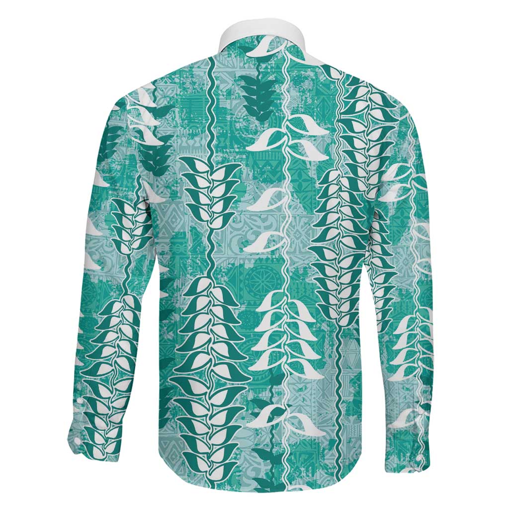 Teal Hawaii Tapa Pattern Family Matching Summer Maxi Dress and Hawaiian Shirt With Heliconia Vintage Style