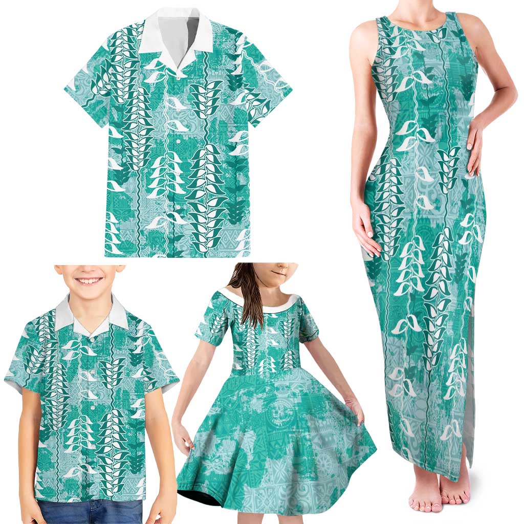 Teal Hawaii Tapa Pattern Family Matching Tank Maxi Dress and Hawaiian Shirt With Heliconia Vintage Style LT05 - Polynesian Pride