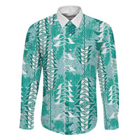 Teal Hawaii Tapa Pattern Family Matching Tank Maxi Dress and Hawaiian Shirt With Heliconia Vintage Style LT05 Dad's Shirt - Long Sleeve Teal - Polynesian Pride