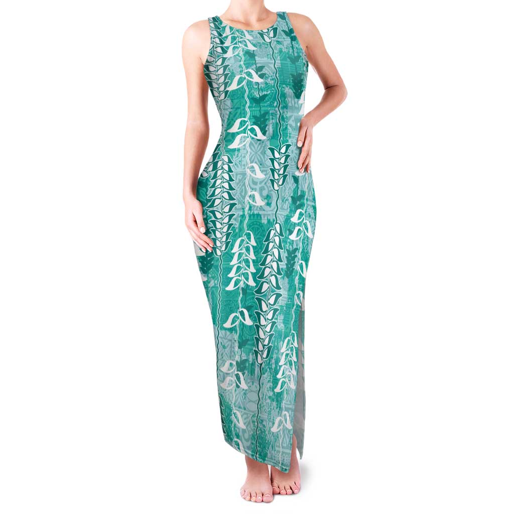 Teal Hawaii Tapa Pattern Family Matching Tank Maxi Dress and Hawaiian Shirt With Heliconia Vintage Style LT05 Mom's Dress Teal - Polynesian Pride
