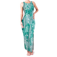Teal Hawaii Tapa Pattern Family Matching Tank Maxi Dress and Hawaiian Shirt With Heliconia Vintage Style LT05 Mom's Dress Teal - Polynesian Pride