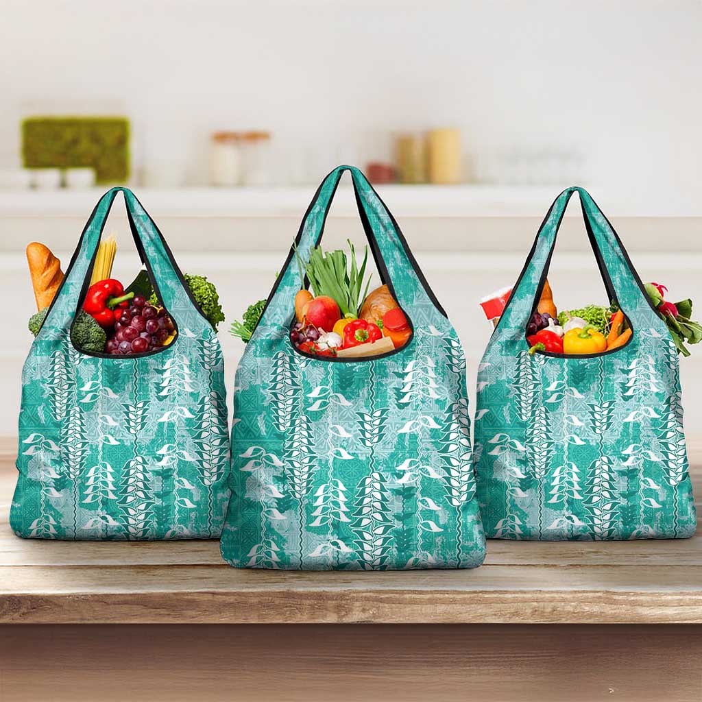 Teal Hawaii Tapa Pattern Grocery Bag With Heliconia Vintage Style