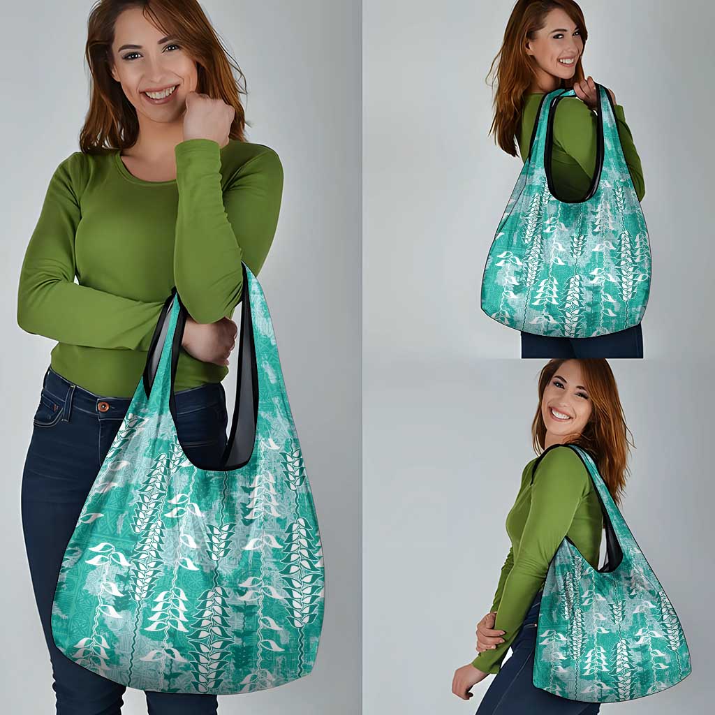 Teal Hawaii Tapa Pattern Grocery Bag With Heliconia Vintage Style