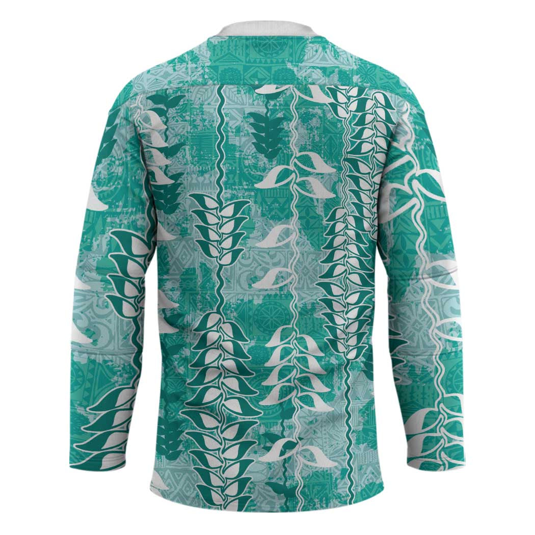 Teal Hawaii Tapa Pattern Hockey Jersey With Heliconia Vintage Style