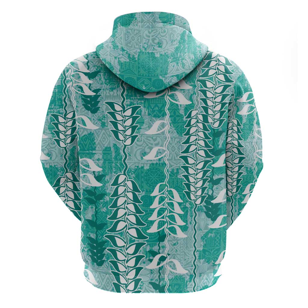 Teal Hawaii Tapa Pattern Hoodie With Heliconia Vintage Style