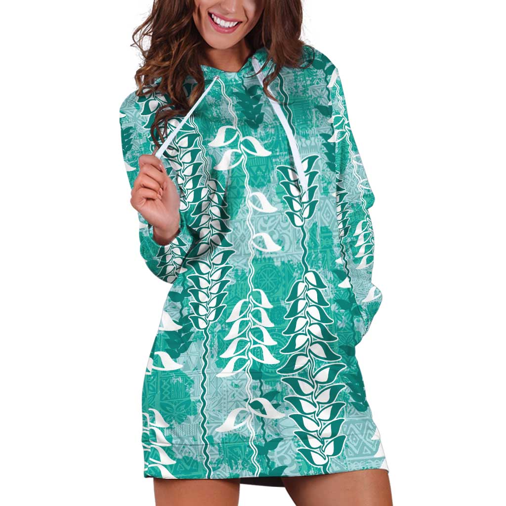 Teal Hawaii Tapa Pattern Hoodie Dress With Heliconia Vintage Style