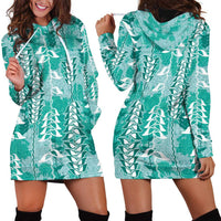 Teal Hawaii Tapa Pattern Hoodie Dress With Heliconia Vintage Style
