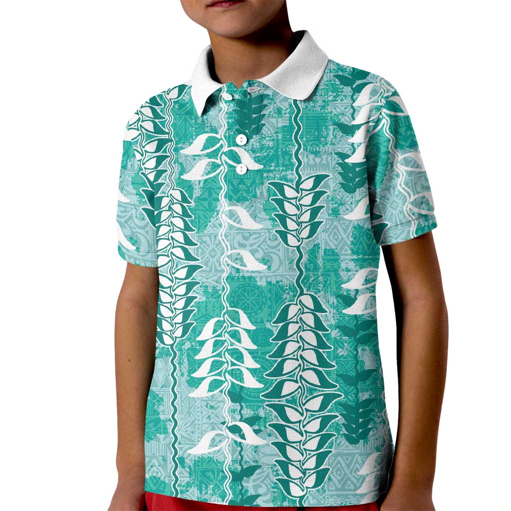 Teal Hawaii Tapa Pattern Kid Polo Shirt With Heliconia Vintage Style