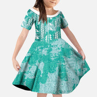 Teal Hawaii Tapa Pattern Kid Short Sleeve Dress With Heliconia Vintage Style
