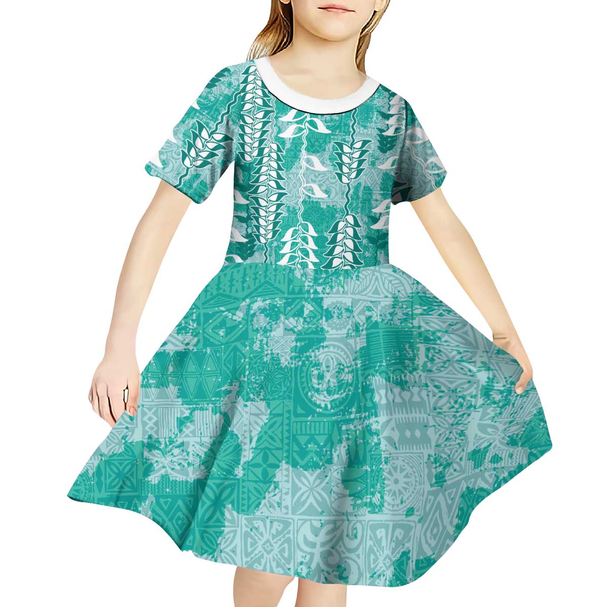Teal Hawaii Tapa Pattern Kid Short Sleeve Dress With Heliconia Vintage Style