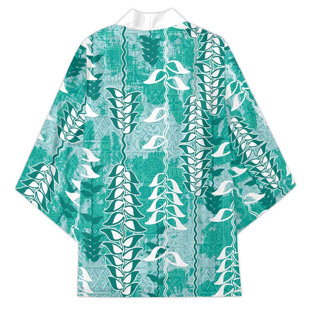Teal Hawaii Tapa Pattern Kimono With Heliconia Vintage Style