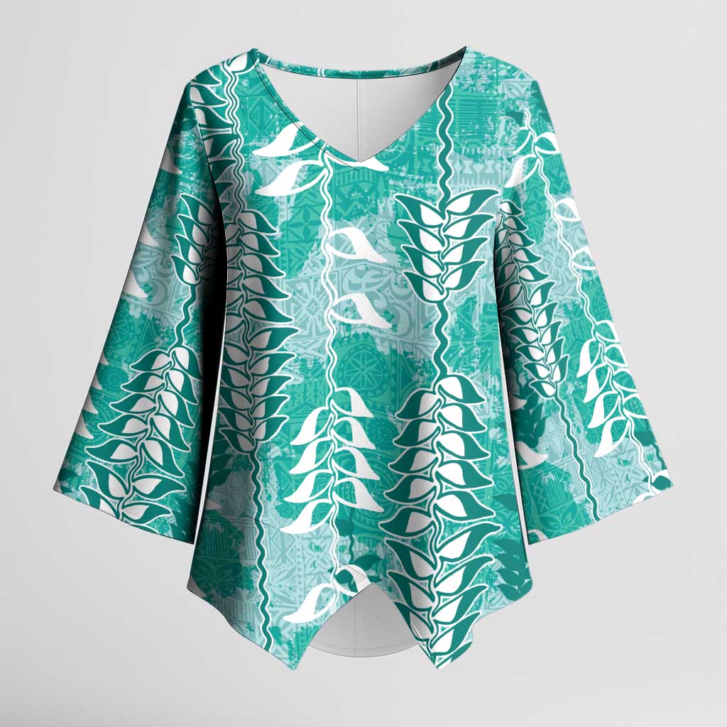 Teal Hawaii Tapa Pattern Kimono Sleeve Blouse With Heliconia Vintage Style