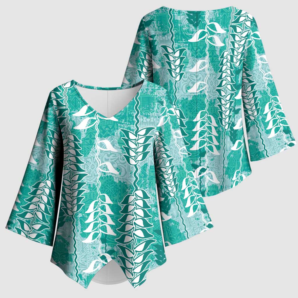 Teal Hawaii Tapa Pattern Kimono Sleeve Blouse With Heliconia Vintage Style