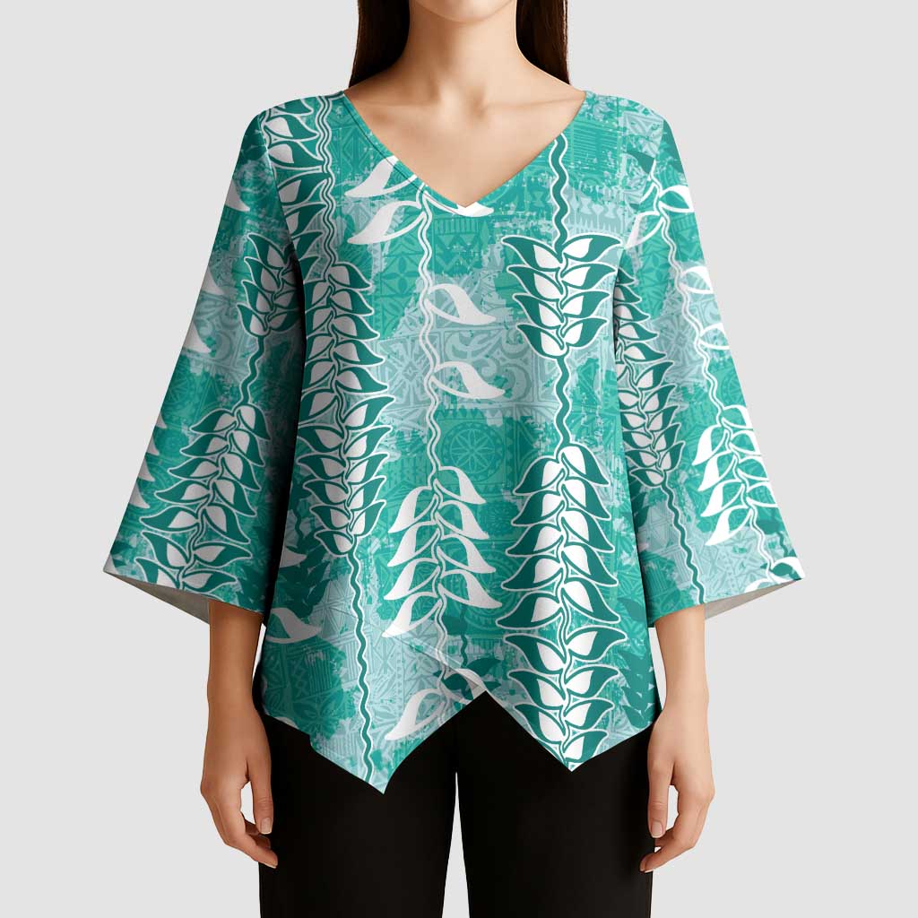 Teal Hawaii Tapa Pattern Kimono Sleeve Blouse With Heliconia Vintage Style