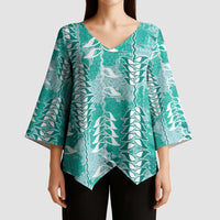 Teal Hawaii Tapa Pattern Kimono Sleeve Blouse With Heliconia Vintage Style