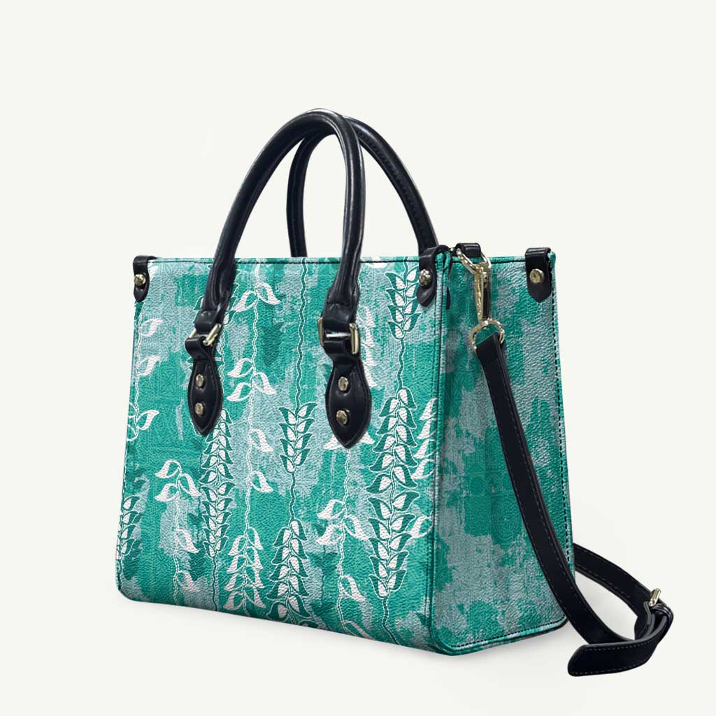 Teal Hawaii Tapa Pattern Leather Bag With Heliconia Vintage Style