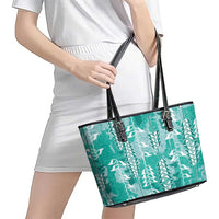 Teal Hawaii Tapa Pattern Leather Tote Bag With Heliconia Vintage Style