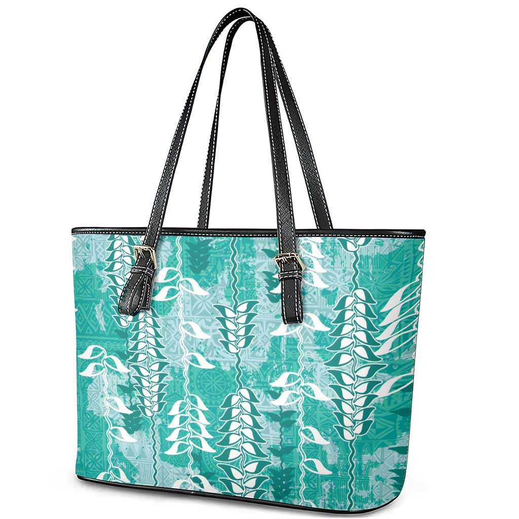 Teal Hawaii Tapa Pattern Leather Tote Bag With Heliconia Vintage Style