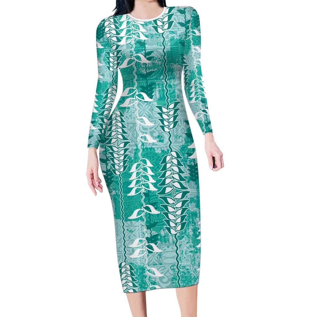 Teal Hawaii Tapa Pattern Long Sleeve Bodycon Dress With Heliconia Vintage Style