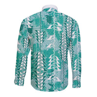 Teal Hawaii Tapa Pattern Long Sleeve Button Shirt With Heliconia Vintage Style