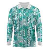 Teal Hawaii Tapa Pattern Long Sleeve Polo Shirt With Heliconia Vintage Style