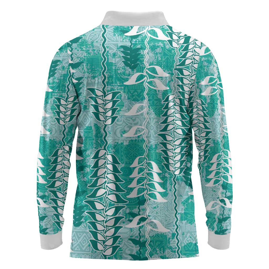 Teal Hawaii Tapa Pattern Long Sleeve Polo Shirt With Heliconia Vintage Style