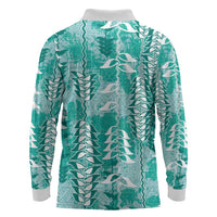 Teal Hawaii Tapa Pattern Long Sleeve Polo Shirt With Heliconia Vintage Style