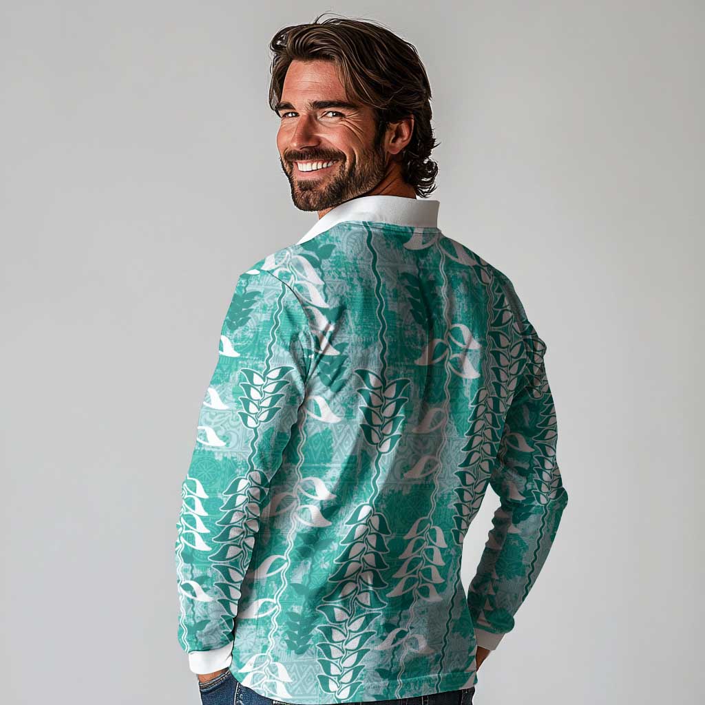 Teal Hawaii Tapa Pattern Long Sleeve Polo Shirt With Heliconia Vintage Style