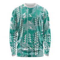 Teal Hawaii Tapa Pattern Long Sleeve Shirt With Heliconia Vintage Style