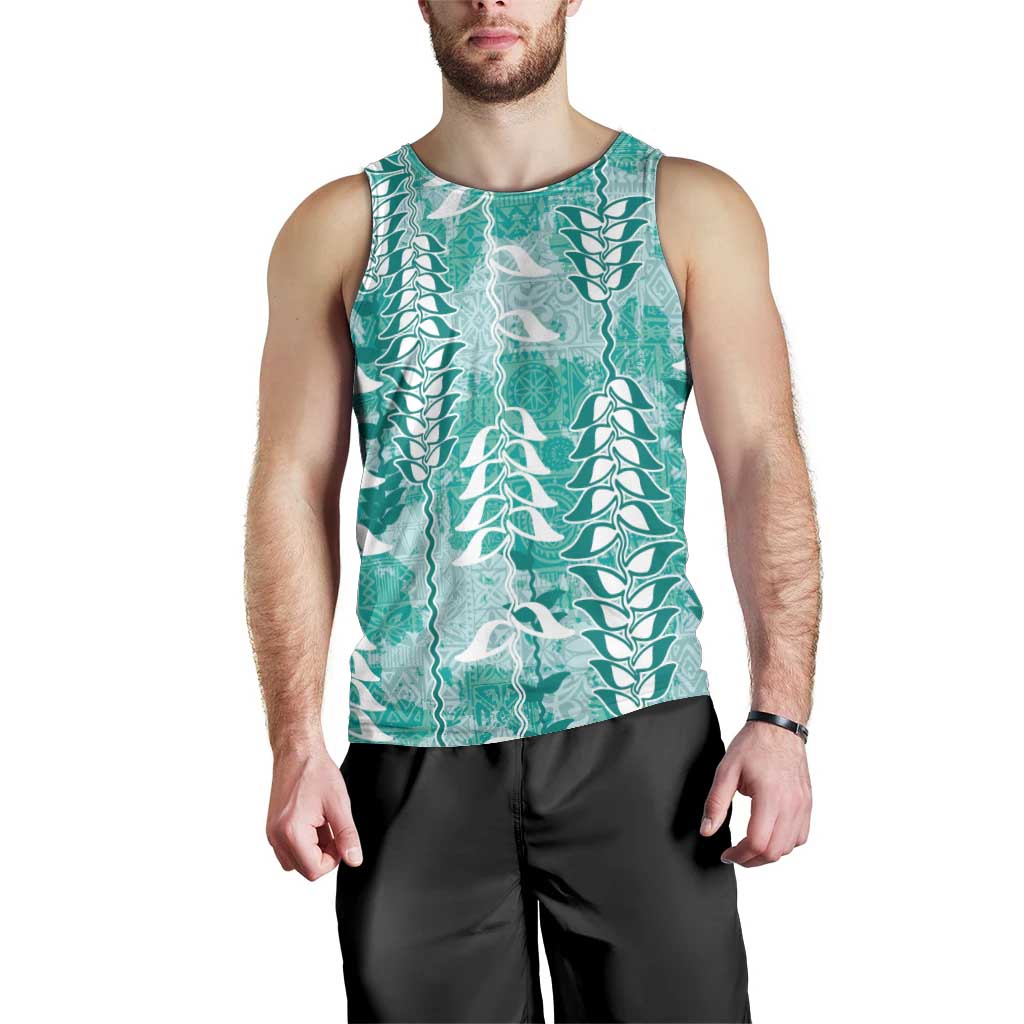 Teal Hawaii Tapa Pattern Men Tank Top With Heliconia Vintage Style
