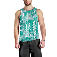 Teal Hawaii Tapa Pattern Men Tank Top With Heliconia Vintage Style