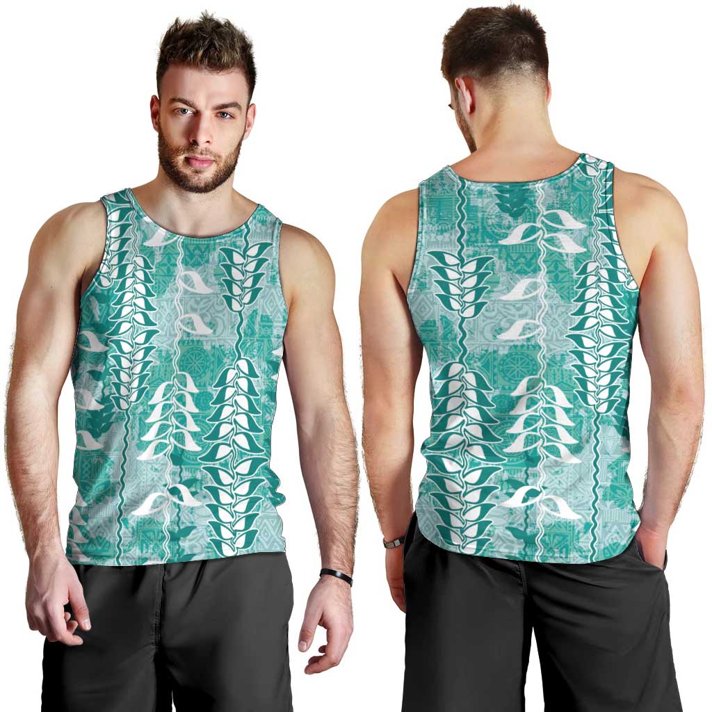 Teal Hawaii Tapa Pattern Men Tank Top With Heliconia Vintage Style