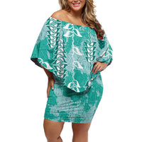 Teal Hawaii Tapa Pattern Off Shoulder Short Dress With Heliconia Vintage Style