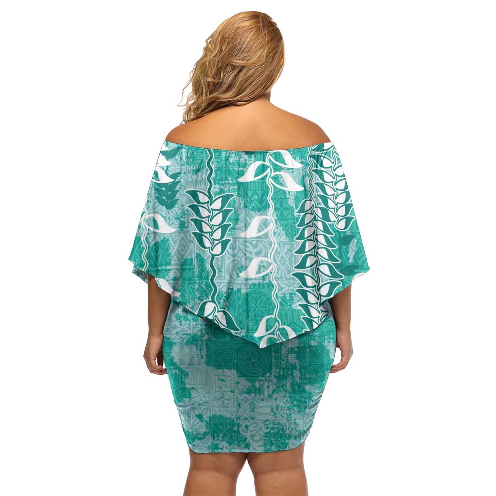 Teal Hawaii Tapa Pattern Off Shoulder Short Dress With Heliconia Vintage Style