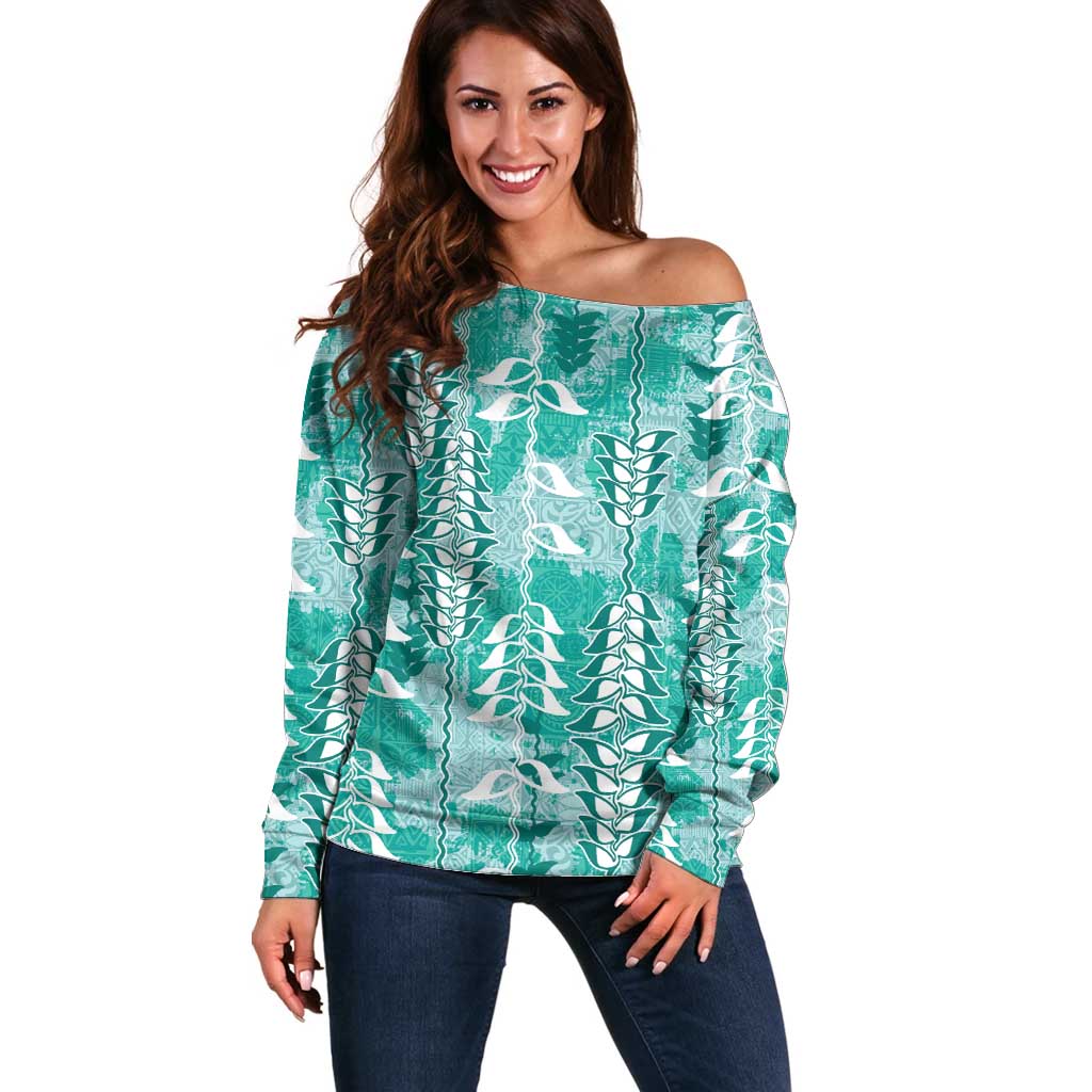 Teal Hawaii Tapa Pattern Off Shoulder Sweater With Heliconia Vintage Style