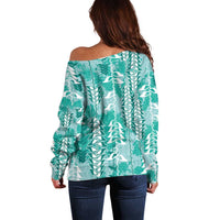 Teal Hawaii Tapa Pattern Off Shoulder Sweater With Heliconia Vintage Style